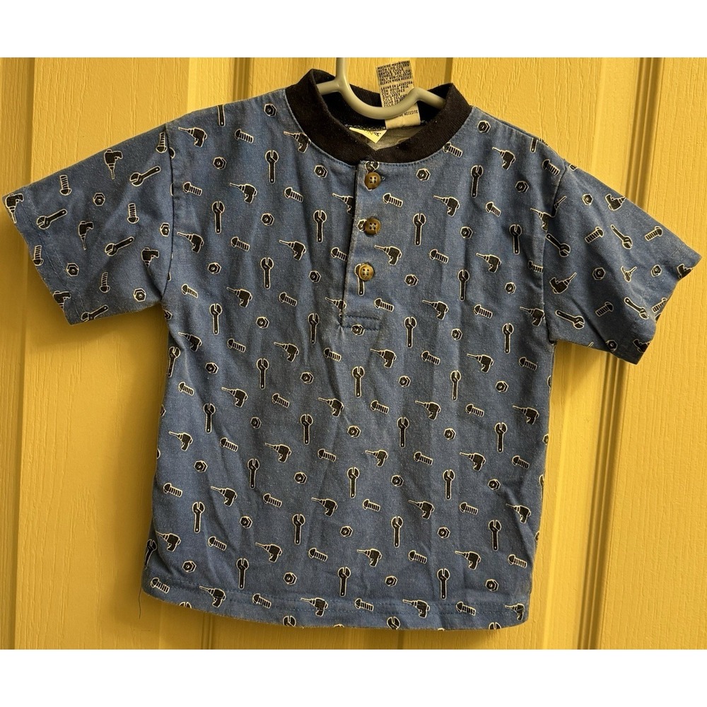 Vintage 90s Kids N Fun 3 Button Boys Tools All Over Design Shirt Blue 3T‎